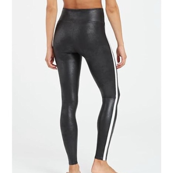 SPANX BLACK FAUX LEATHER LOOK LEGGINGS WITH STRIPES WOMENS SX XS - Picture 4 of 9